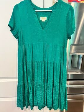 Anthropologie Maeve Tania Sacha Jacquard Tiered Tunic Mini Dress Green Sz small